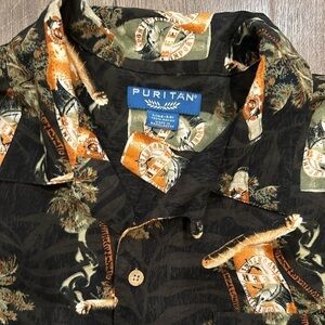 Puritan Men's Button Up Down Shirt Large 42-44 Hawaiian Shirt Cheers Beer Bottle